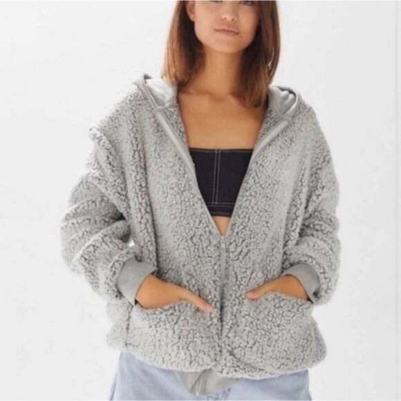 Urban Outfitters Oversized grey Sherpa fullzip with jersey hood jacket Medium - Picture 1 of 9